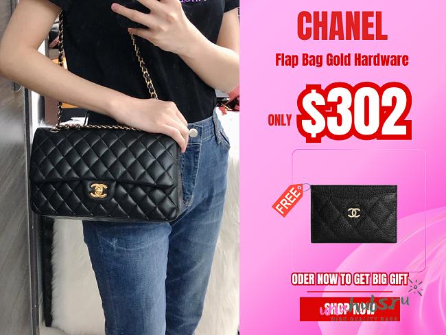 CHANEL black medium size 25 lambskin Leather Flap Bag with Gold/Silver Hardware  - 1