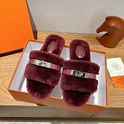 Hermes Oran Burgundy Fur Sandals - 1
