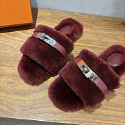 Hermes Oran Burgundy Fur Sandals - 4