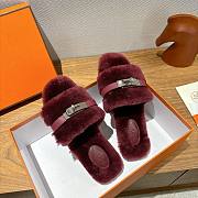 Hermes Oran Burgundy Fur Sandals - 3