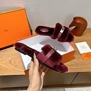 Hermes Oran Burgundy Fur Sandals - 2