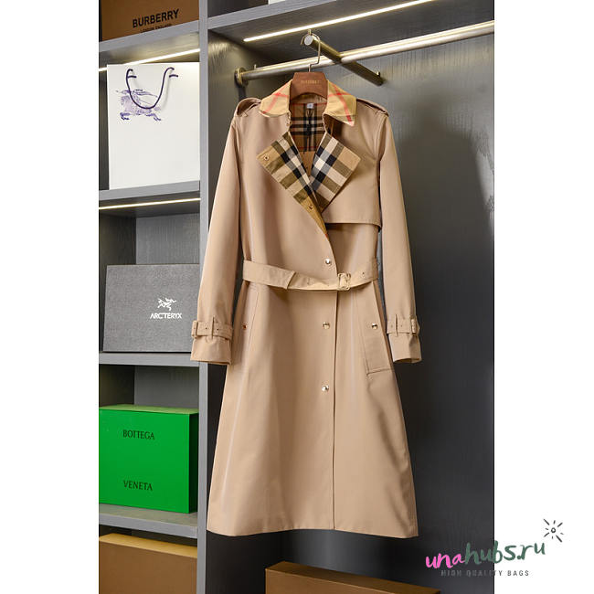 Burberry Long Check Collar Gabardine Trench Coat In Honey - 1