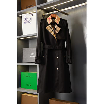Burberry Long Check Collar Gabardine Trench Coat In Black
