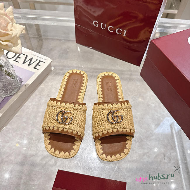 Gucci With Double G Natural Raffia Crochet Slide Sandal  - 1