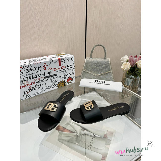 Dolce & Gabbana Flat Slippers In Calfskin With DG Logo Black - 1