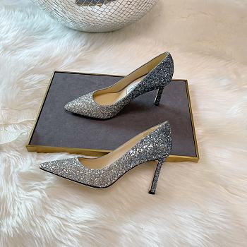 Jimmy Choo Romy 85 Silver and Dusk Blue Fabric Pumps
