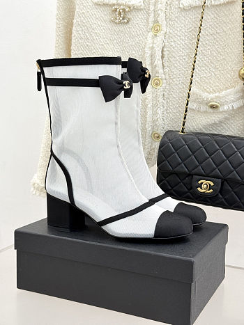 Chanel Short Boots Mesh Grosgrain White & Black