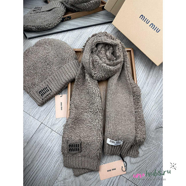 Miu Miu Furry Knit Hat and Scarf Set In Light Brown - 1