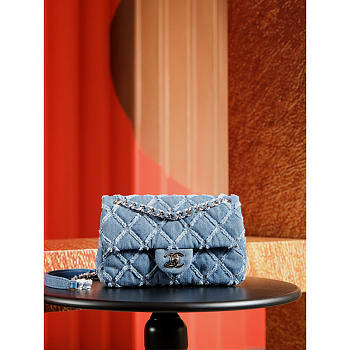 Chanel Small Flap Bag Light Blue Denim Siver 20cm