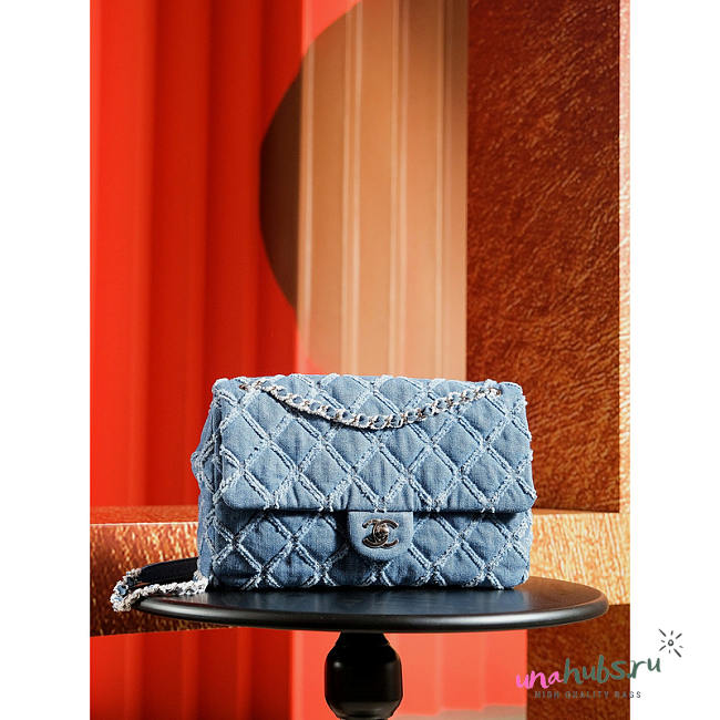 Chanel Medium Flap Bag Light Blue Denim Siver 25cm - 1