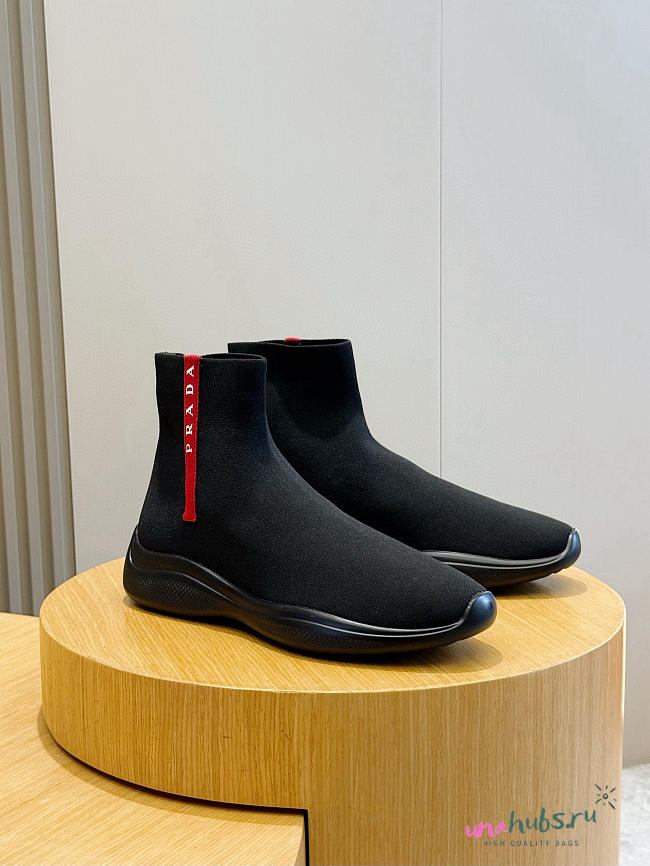 Prada Sport Black Knit Fabric High Top Sneakers - 1
