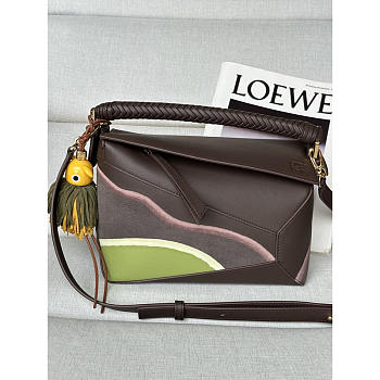 Loewe Small Puzzle Edge Landscape Bag Calfskin Chocolate / Light Moss 24cm