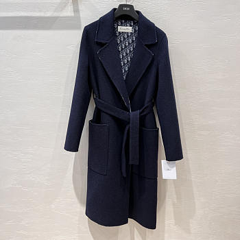 Dior Coat with Belt Blue Double-Sided Virgin Wool In Navy