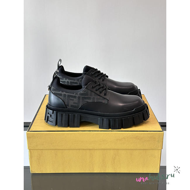 Fendi Force Derby Shoes in Black Leather and FF Fabric - 1