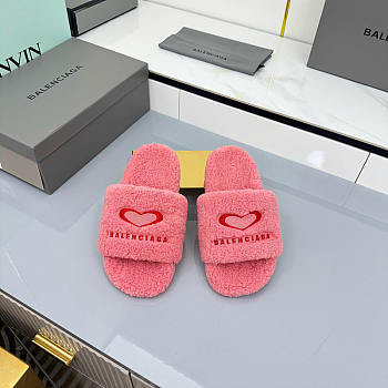 Balenciaga Pink Fleece Slide Sandals With Red Heart Logo