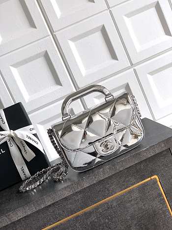 Chanel Flap Bag Top Handle Silver Patent 18x4.5x13cm