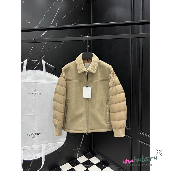 Moncler Leather Hybrid Down Jacket with Shearling Collar In Light Brown - 1