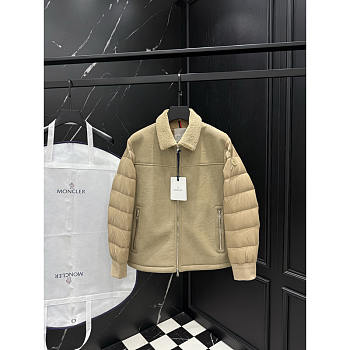 Moncler Leather Hybrid Down Jacket with Shearling Collar In Light Brown