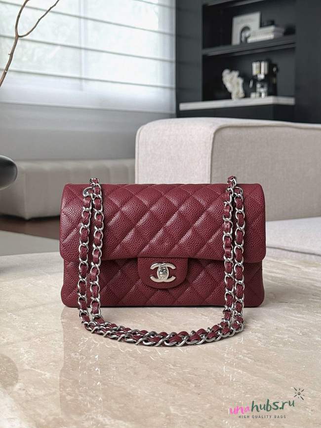 Chanel Flap Bag Burgundy Silver Caviar 23cm - 1
