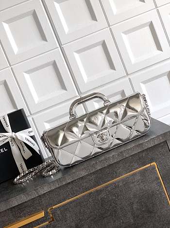Chanel Long Flap Bag Top Handle Silver Patent 29x12x5cm