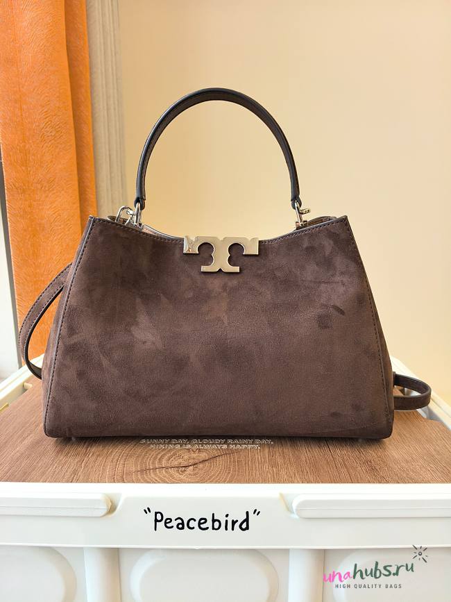 Tory Burch double-T logo suede satchel brown 32x21x12.8cm - 1