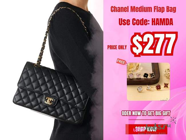 Chanel Medium Flap Bag Black Caviar Gold 25cm - 1