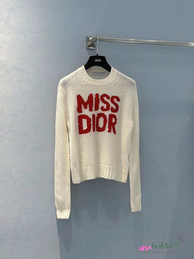 Dior Sweater Ecru Cashmere and Silk Knit with Red Miss Dior Graffiti Motif - 1