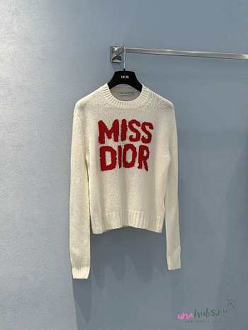 Dior Sweater Ecru Cashmere and Silk Knit with Red Miss Dior Graffiti Motif