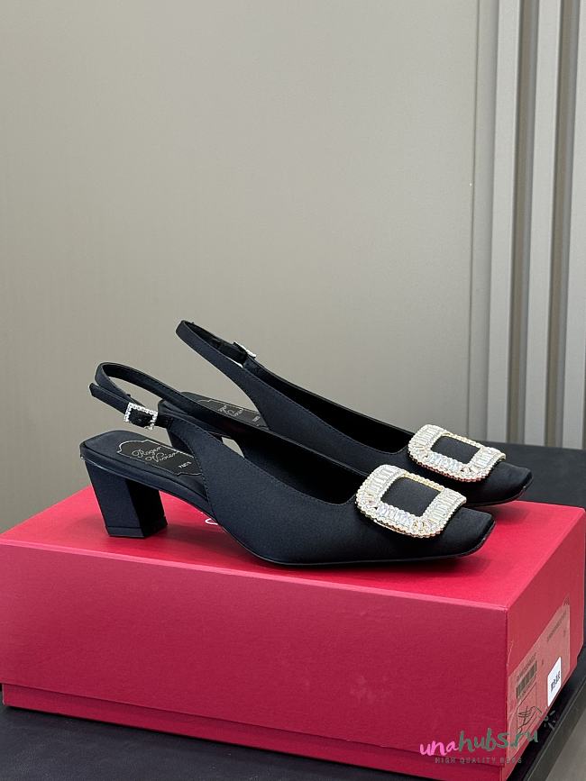 Roger Vivier Black Satin Pilgrim Slingback Pumps 45 - 1