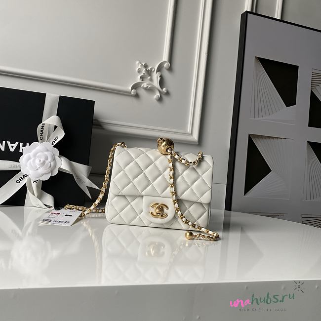 Chanel Mini Flap Bag Bell White Lambskin 17cm - 1