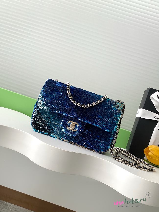 Chanel Flap Bag Sequins Multicolor Blue 21x14x8cm - 1