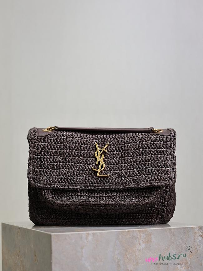 YSL Niki Medium Raffia Shoulder Bag Dark Brown 28x20.5x8.5cm - 1