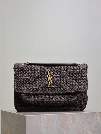 YSL Niki Medium Raffia Shoulder Bag Dark Brown 28x20.5x8.5cm