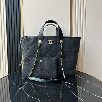 Chanel shopping Tote Bag Denim Black 45x28x17cm