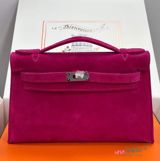 Hermes Kelly Pochette Pink Suede Clutch Bag 22x12x5cm - 1