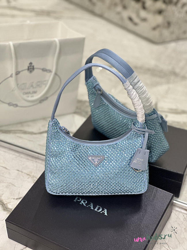Prada Satin Crystal Mini Re-Edition 2000 Bag Blue 23x13x5cm - 1
