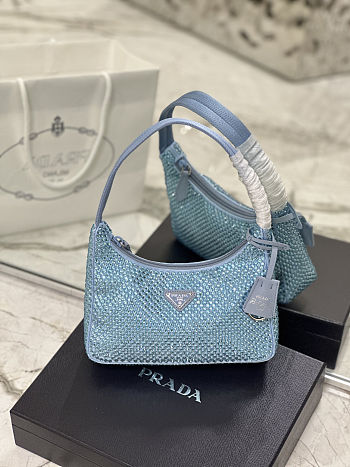 Prada Satin Crystal Mini Re-Edition 2000 Bag Blue 23x13x5cm