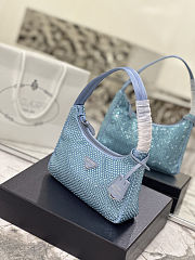 Prada Satin Crystal Mini Re-Edition 2000 Bag Blue 23x13x5cm - 4