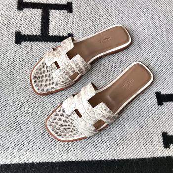 Hermes Oran White Crocodile Slides