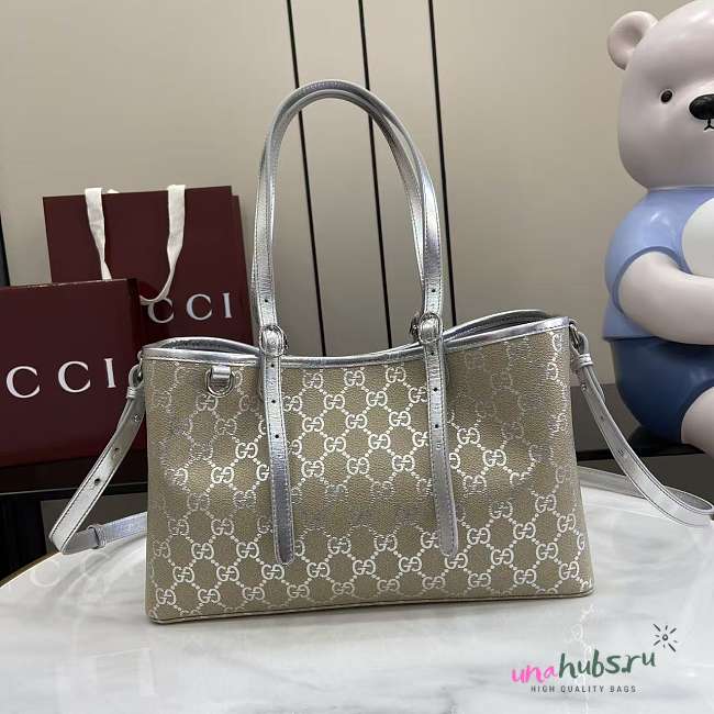 Gucci GG Emblem tote bag in silver fabric - 31x18.5x11.5cm - 1