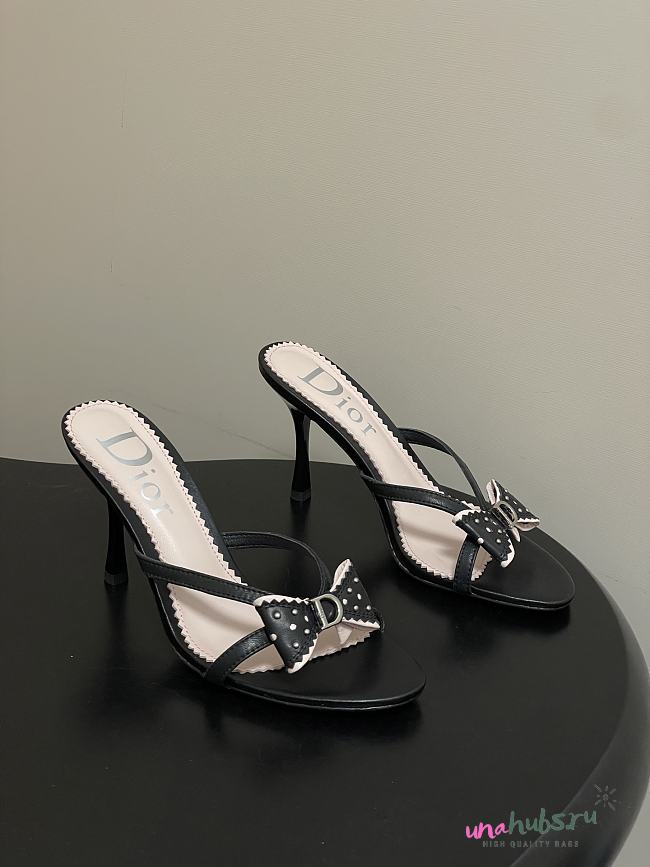Dior Black Studded Logo Bow Slides 10cm - 1