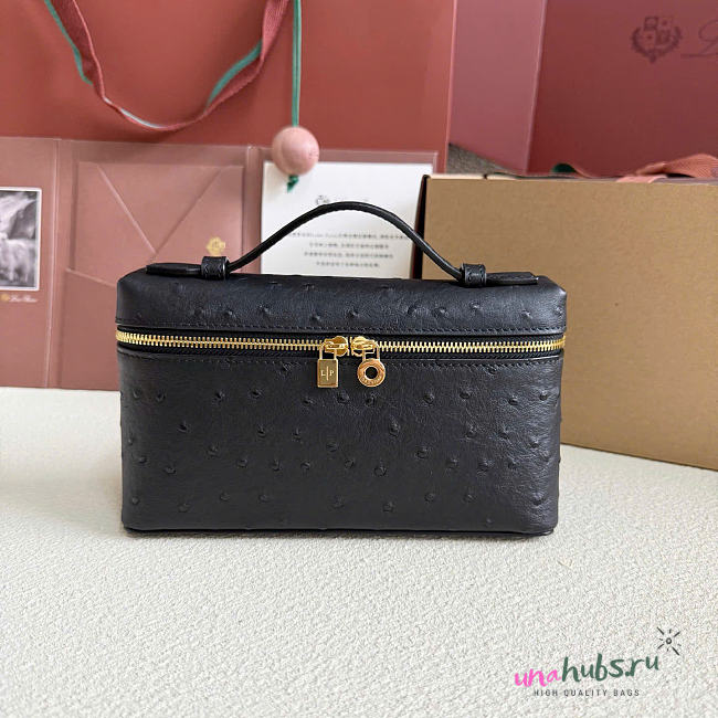 Loro Piana Extra Pocket L19 Ostrich Leather Black Gold 19cm - 1