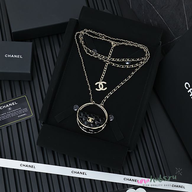 Chanel Metal Resin Lambskin Round Flap Necklace Gold Black - 1