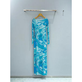 Pucci Printed Long Sleeve Maxi Dress In Blue