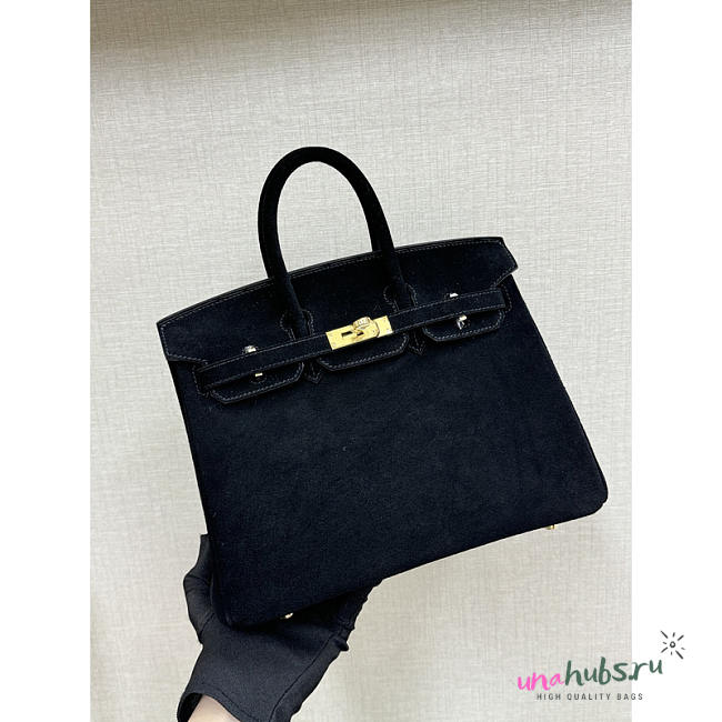 Hermes Birkin 25 Bag Black Doblis Suede 25cm - 1