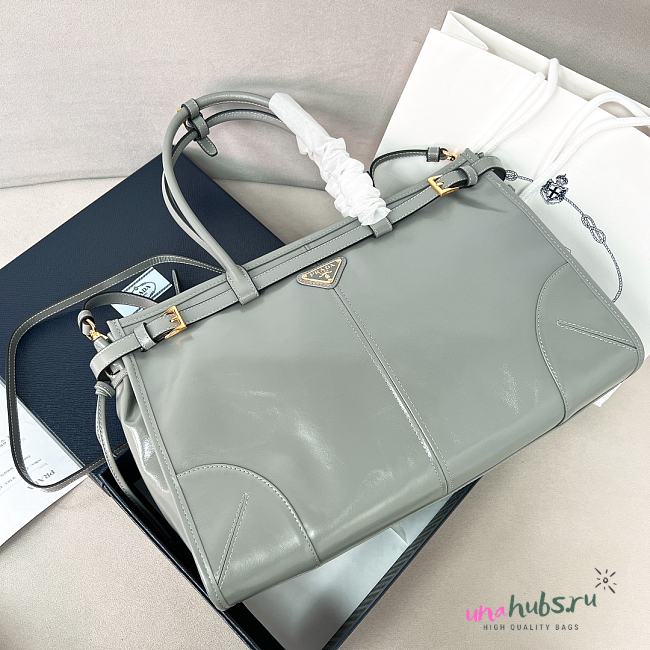 Prada Bonnie Leather Handbag Grey Green 38x30x12cm - 1