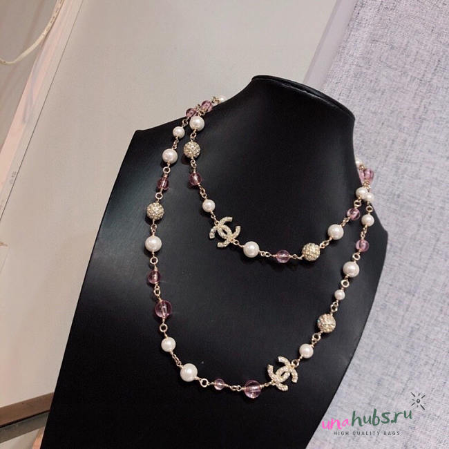 Chanel Long Necklace Metal Imitation Pearls Pink White - Unahubs - 1