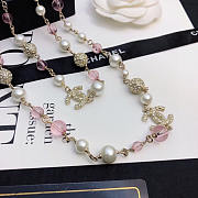 Chanel Long Necklace Metal Imitation Pearls Pink White - Unahubs - 4