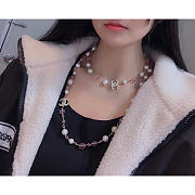 Chanel Long Necklace Metal Imitation Pearls Pink White - Unahubs - 3