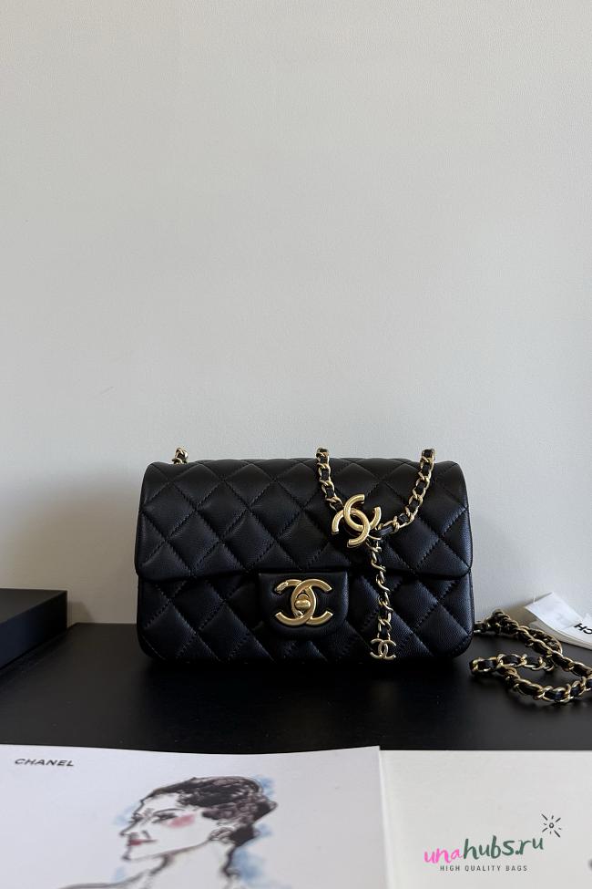 Chanel Flap Bag Black Lambskin Logo 20x13x7cm - Unahubs - 1